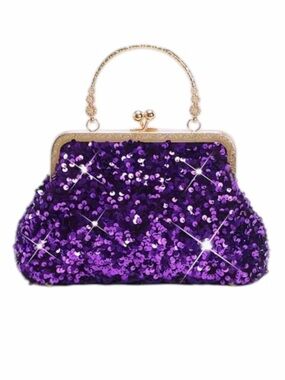 Purple Sequin Kiss-Lock Evening Bag with Gold Handle New Without Tags